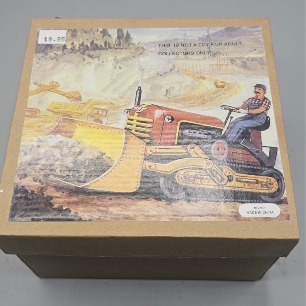 Vintage Style Wind Up Tin Bulldozer MS 357 Red Yellow Construction Toy with Box